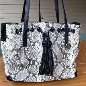 Patricia Nash White Python Tote with Black Trim and Tassel 10th Anniversary